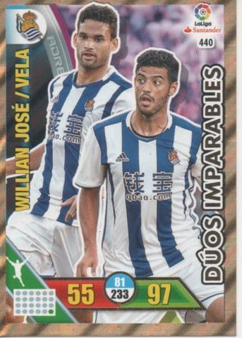 Cromo E002811: Trade Card Game Adrenalyn. Liga 2016-17, Dúso Imparables. Willwan José/Vela. Real Sociedad