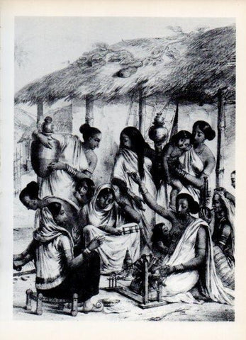 LAMINA V14962: Mujeres en aldea de la India grabado siglo XIX