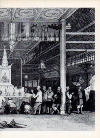 LAMINA V15023: Templo budista en Canton grabado siglo XIX