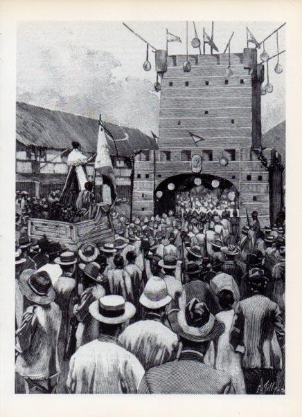LAMINA V14987: Manifestacion de filipinos en Manila grabado de E. Tilly 1899