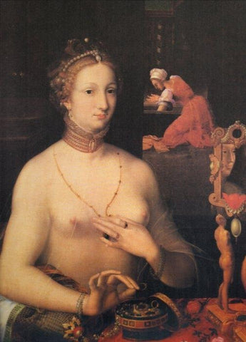 LAMINA V20467: Dama ante su tocador por Escuela de Fontainebleau