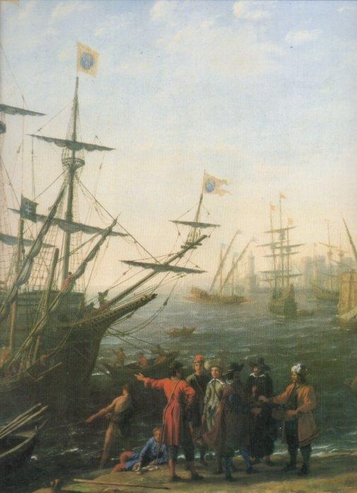 LAMINA V20295: Vista de un puerto con el Capitolio fragmento por Claudio de Lorena