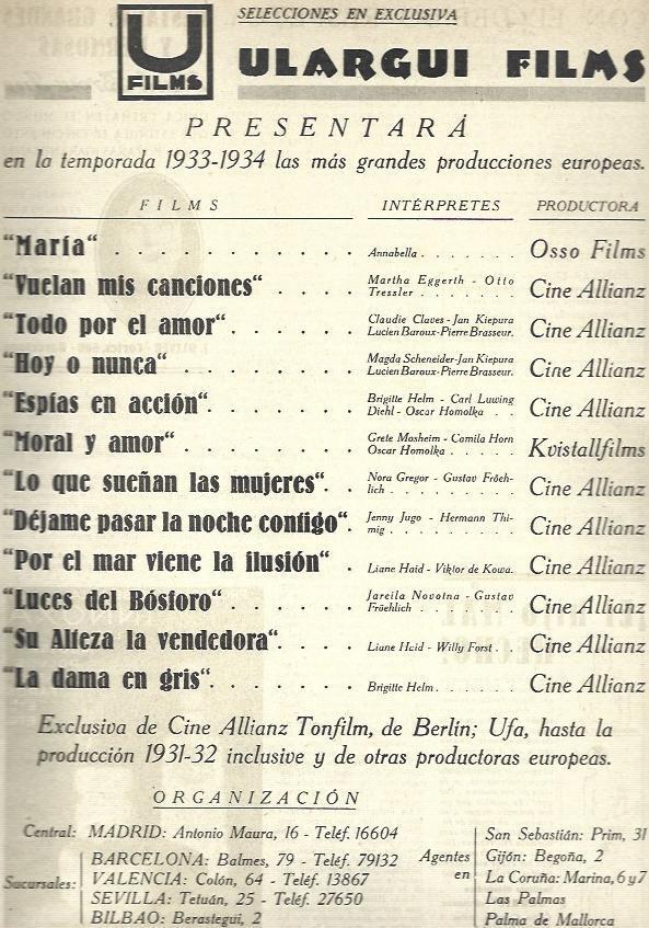 LAMINA 32476: Estrenos de 1933-1934 de Ulargui Films