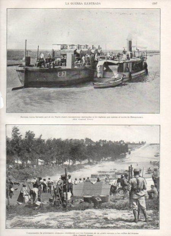 LAMINA V21012: Barcaza turca transportando locomotoras en el rio Tigris