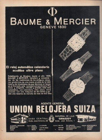 LAMINA V21587: Publicidad Baume & Mercier en Union Relojera Suiza
