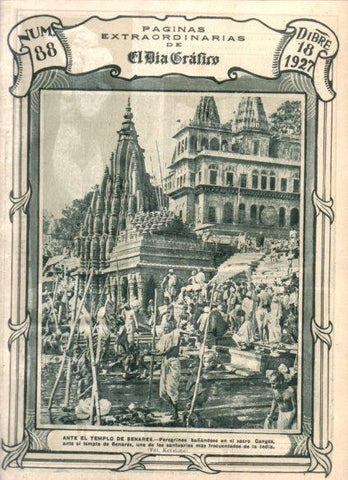 LAMINA V24708: Peregrinos bañandose ante el templo de Benares