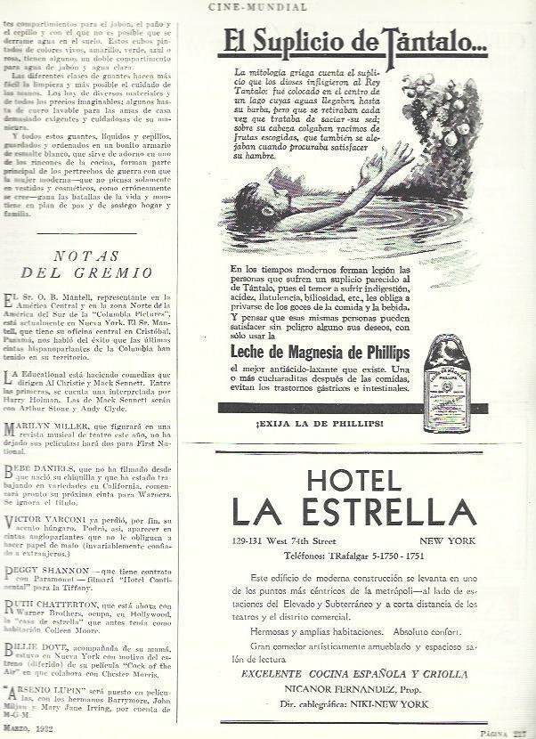 LAMINA 33459: Publicidad de Hotel La Estrella de Nueva York y Leche Phillips