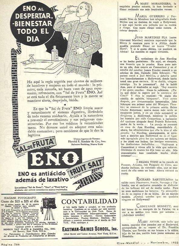 LAMINA 33487: Publicidad de sal de fruta Eno y de Eastman Gaines School