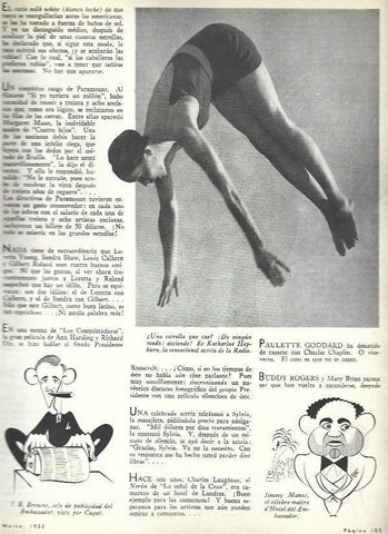 LAMINA 33407: Katherine Hepburn  y caricaturas de Xavier Cugat