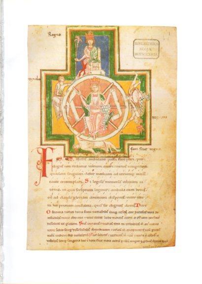 LAMINA V25672: Rueda de la Fortuna con Jesucristo entronizado manuscrito Carmina Burana