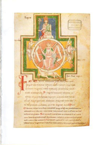 LAMINA V25672: Rueda de la Fortuna con Jesucristo entronizado manuscrito Carmina Burana