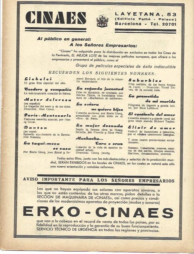LAMINA 34164: Estrenos de la sala Cinaes de Barcelona