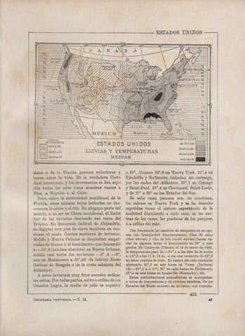 LAMINA V27904: Mapa de lluvias y temperaturas de Estados Unidos