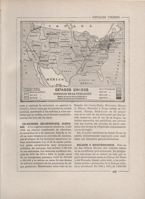 LAMINA V27905: Mapa densidad de poblacion de Estados Unidos