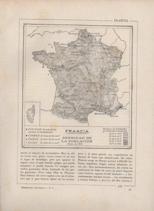 LAMINA V27710: Mapa de la densidad de poblacion en Francia