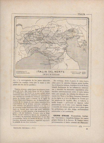 LAMINA V27720: Mapa de las regiones industriales en Italia