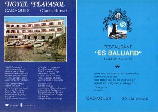 LAMINA V35576: Publicidad Hotel Playasol y Restaurant Es Baluard en Cadaques, Gerona