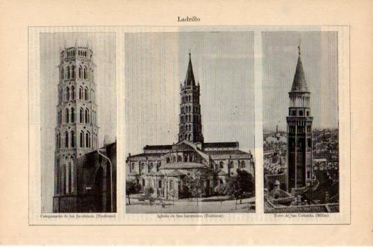LAMINA V36095: Campanario e iglesia construida con ladrillos