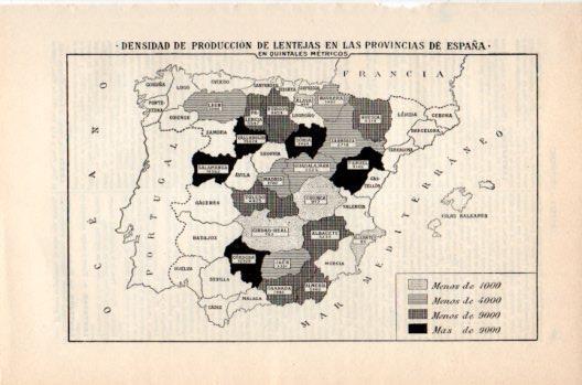 LAMINA V36260: Mapa de España densidad de produccion de lentejas