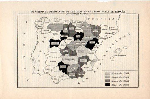 LAMINA V36260: Mapa de España densidad de produccion de lentejas