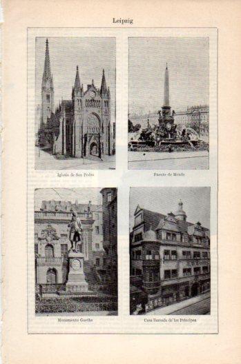 LAMINA V36249: Iglesia, fuente y monumento a Goethe en Leipzig