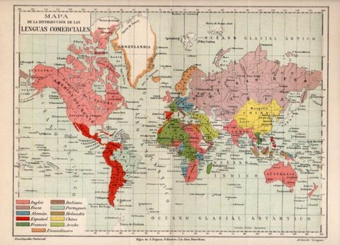 LAMINA V36282: Mapa del mundo de la distribucion de las lenguas comerciales