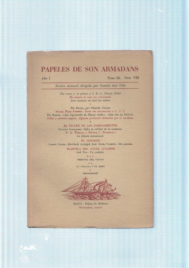 Papeles de son Armadans Tomo III numero 08. Contiene dos notas y un poema