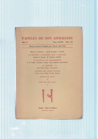 Papeles de son Armadans Tomo 34 numero 102, contiene: De septiembre a sep-
