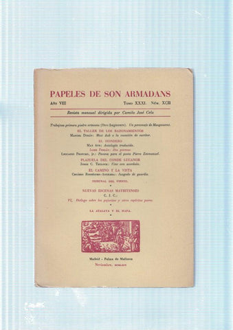 Papeles de son Armadans tomo 31 numero 92 contiene: Trabajos primera piedra