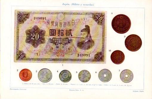 LAMINA V37370: Billete y monedas de Japon