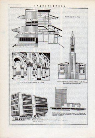 LAMINA V38229: Templo en Nara, las Naciones Unidas y Viviendas en Marsella por Le Corbusier