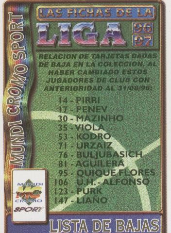 Cromos: Liga 1996/1997: Lista de Bajas 
