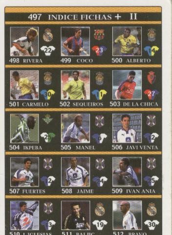 Cromos: Liga 2002: Indice fichas 498 a 527