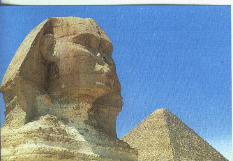 Postal: Arte Egipcio: Piramide de Kheops junto a la esfinge de Gizeh