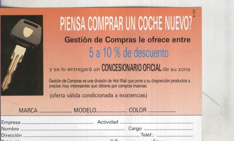 Postal: Hot Mail: gestion de compra cohe nuevo, propaganda comercial