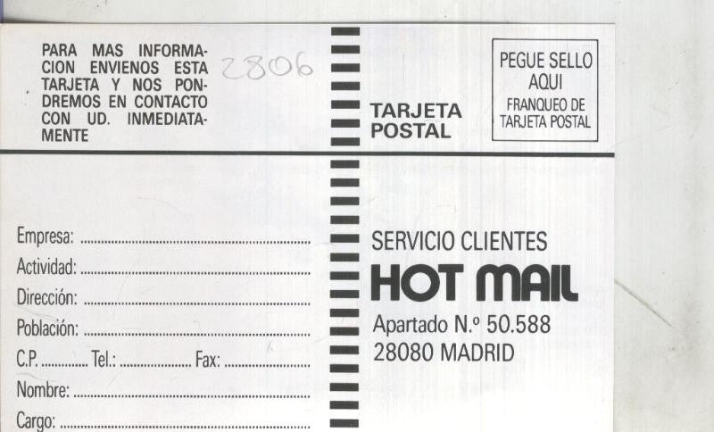 Postal: Hot Mail: Cretschmar Española,  propaganda comercial