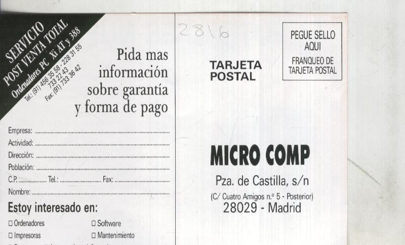 Postal: Hot Mail: Inves PC, propaganda comercial