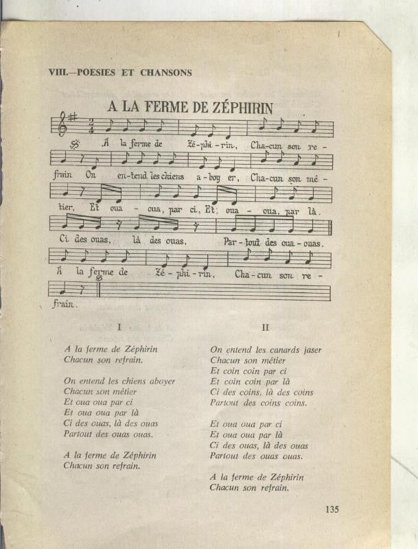 Foto: Letra y musica de A la ferme de Zephirin