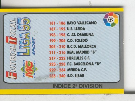 Cromos: Futbol Total Liga 95: Indice segunda division