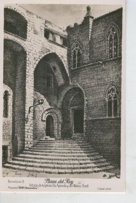 Postal B/N 0433 : Plaza del Rey, Barcelona, original a Plumilla