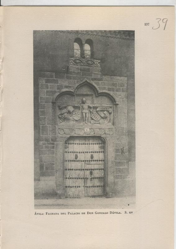 Arte Hispanico lamina numerada 039: Fachada del palacio de Don Gonzalo Davila, Avila
