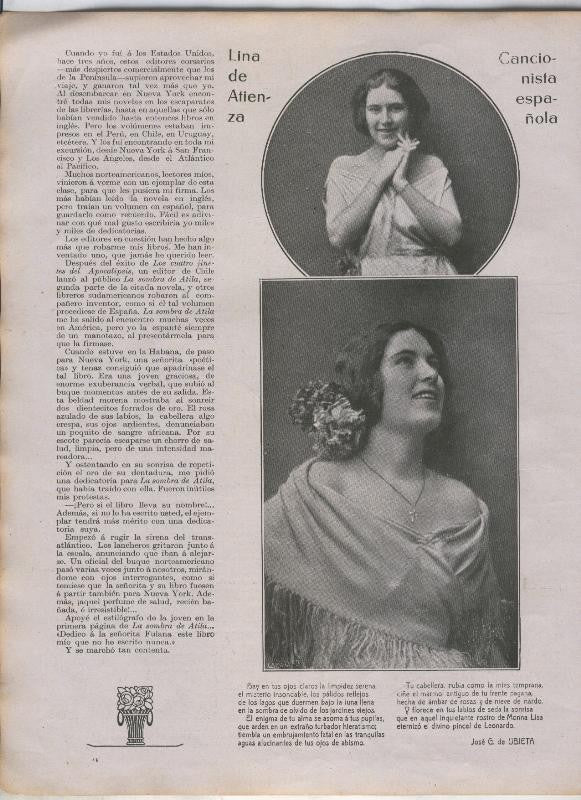 Nuevo Mundo numero 1513 del 19.1.1923:  Lina de Atienza, cancionista española