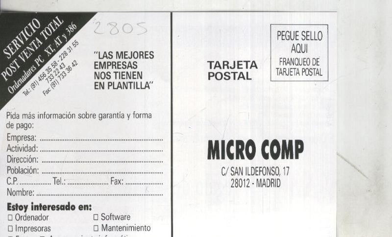 Postal 002805: Tandon 386 propaganda comercial