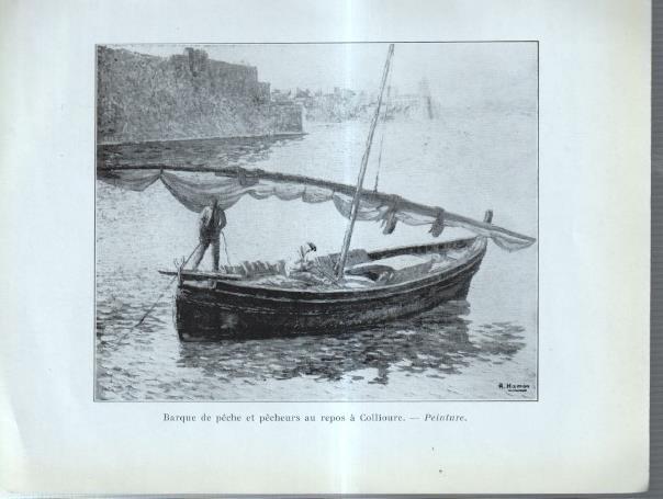 Adrien Hamon: lamina 13: Barque de peche et pecherus au repos a Collioure