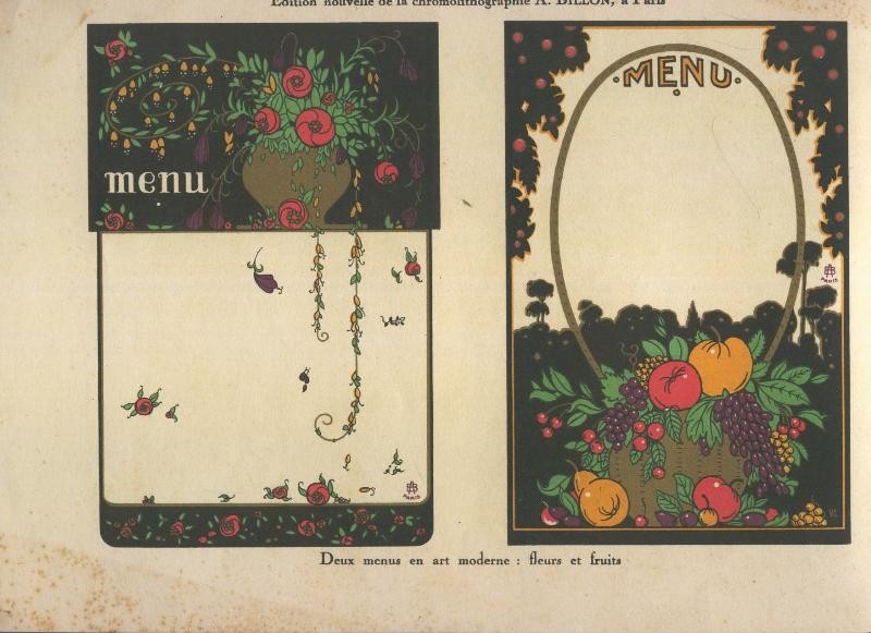 Lamina Decorativa Deux menus en art moderne: fleurs et fruits