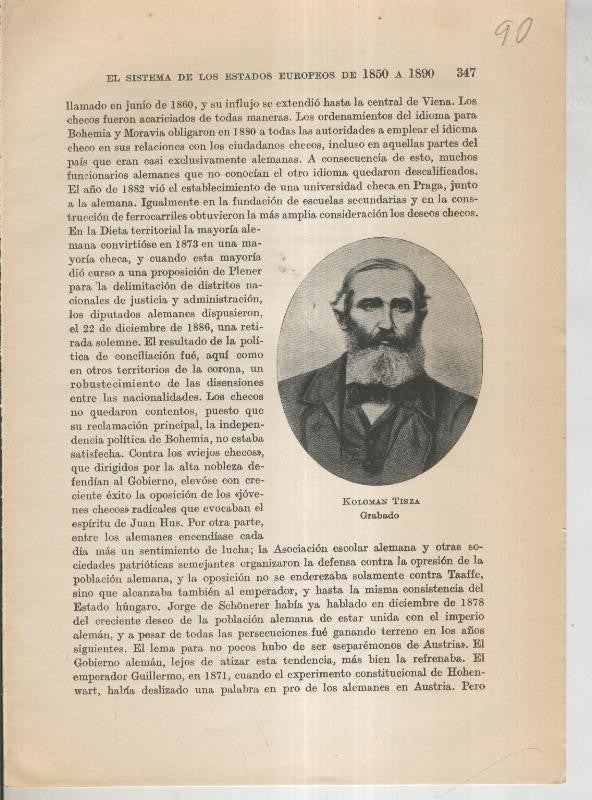 Liberalismo y Nacionalismo 1848-1890: Lamina numerada 90: Grabado de Koloman Tisza