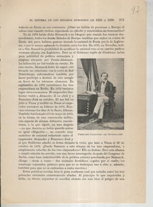 Liberalismo y Nacionalismo 1848-1890: Lamina numerada 97: foto del Principe Clodoveo de Hohenlohe