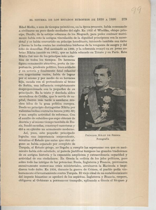 Liberalismo y Nacionalismo 1848-1890: Lamina numerada 99: Fotografia del Principe Milan de Serbia