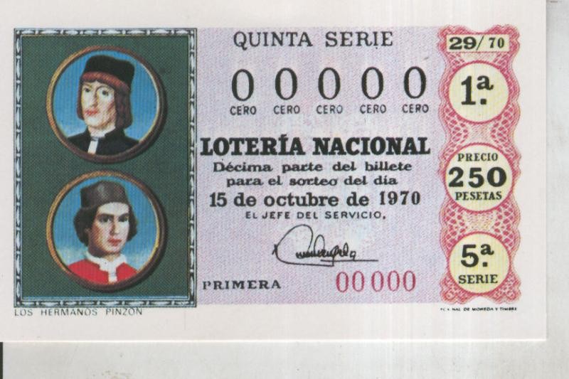 Postal 011074: Loteria Nacional: serie Hispanidad: Los hermanos Pinzon