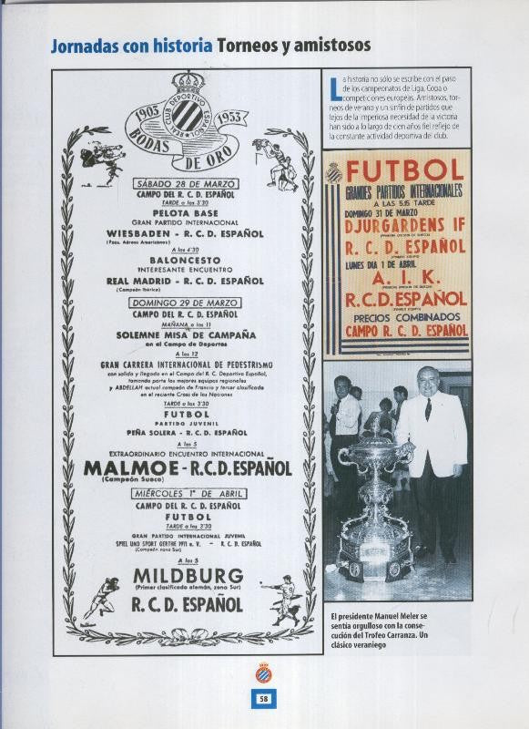 Espanyol Lamina 30: Cartel bodas de oro en 1953 y Manuel Meler con el Carranza